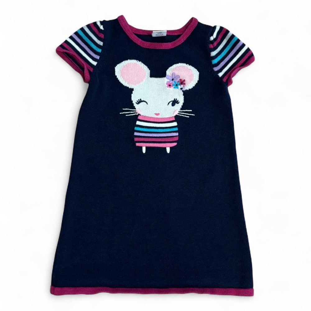 Gymboree Short Sleeve Knit Sweater Dress Mouse Navy Blue Purple Girl 3T